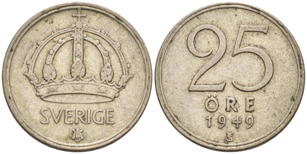 Швеция 25 эре 1949 Густав V (1907-1950) KM 816 серебро 4585-436