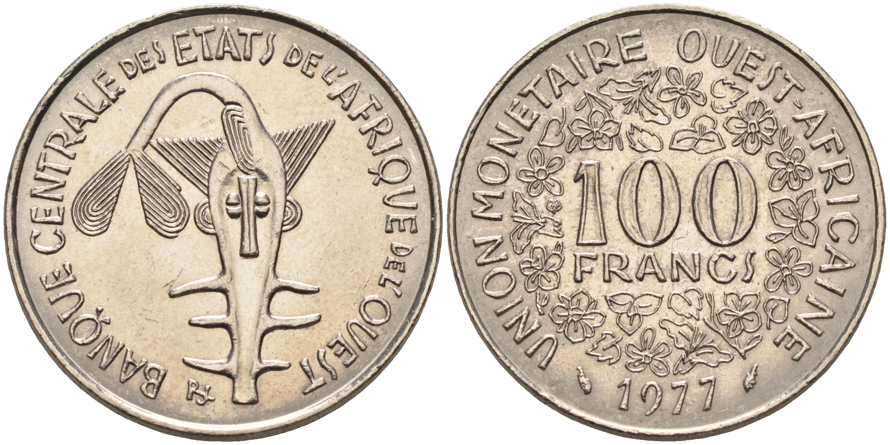 Валютное сообщество стран Западной Африки 100 франков 1977  KM 4 никель  UNC  4595-754