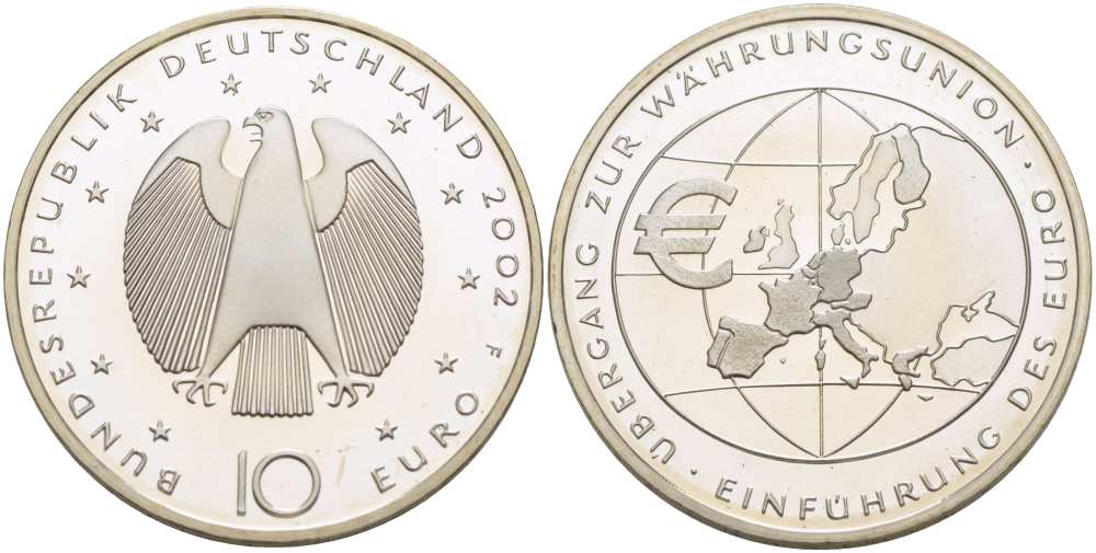 ФРГ 10 евро 2002 F, введение европейской валюты KM 215, DE.S. 10.1 серебро PROOF 1085-5-32