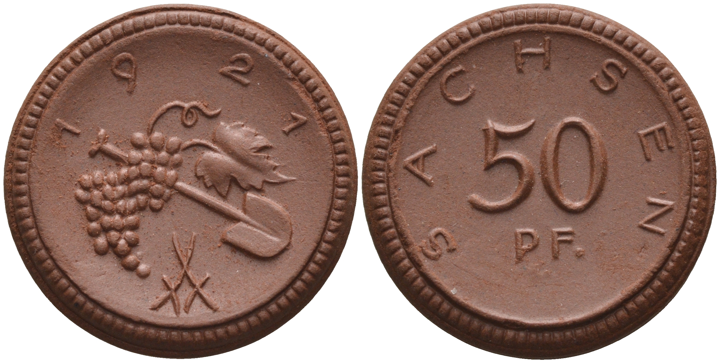 Саксония 50 пфеннигов 1921 виноград и лопата J. N 54 фарфор 1094-5-41