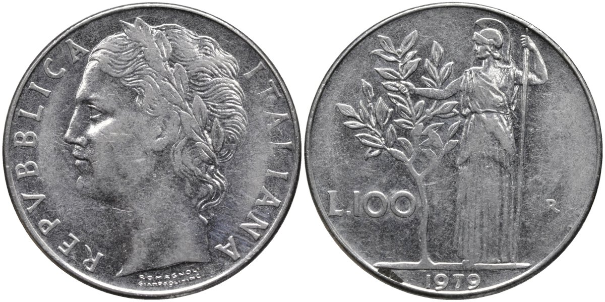 Италия 100 лир 1979 R, Афина в доспехах KM 96.1 нержавеющая сталь 4165-231