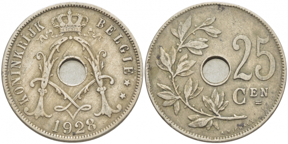 БЕЛЬГИЯ 25 САНТИМОВ 1928 BELGIE KM 69 медно-никель 4529-1111