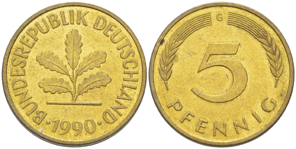 ФРГ 5 ПФЕННИГОВ 1990 G KM 107, J. 382 сталь плакированная латунью 4181-1032