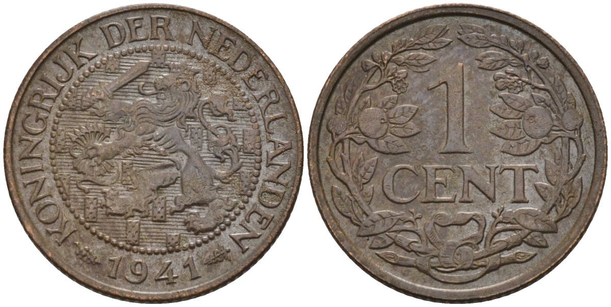 Нидерланды 1 цент 1941 Вильгельмина (1890-1948) KM 152 бронза 4592-847