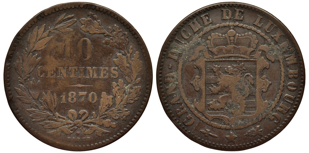 ЛЮКСЕМБУРГ 10 САНТИМОВ 1870 u, ГЕРЦОГ ВИЛЛЕМ III НИДЕРЛАНДСКИЙ (1849-1890), МОНДВОР УТРЕХТ, С ТОЧКОЙ НАД BARTH НА РЕВЕРСЕ КМ 23.1 бронза 4536-435