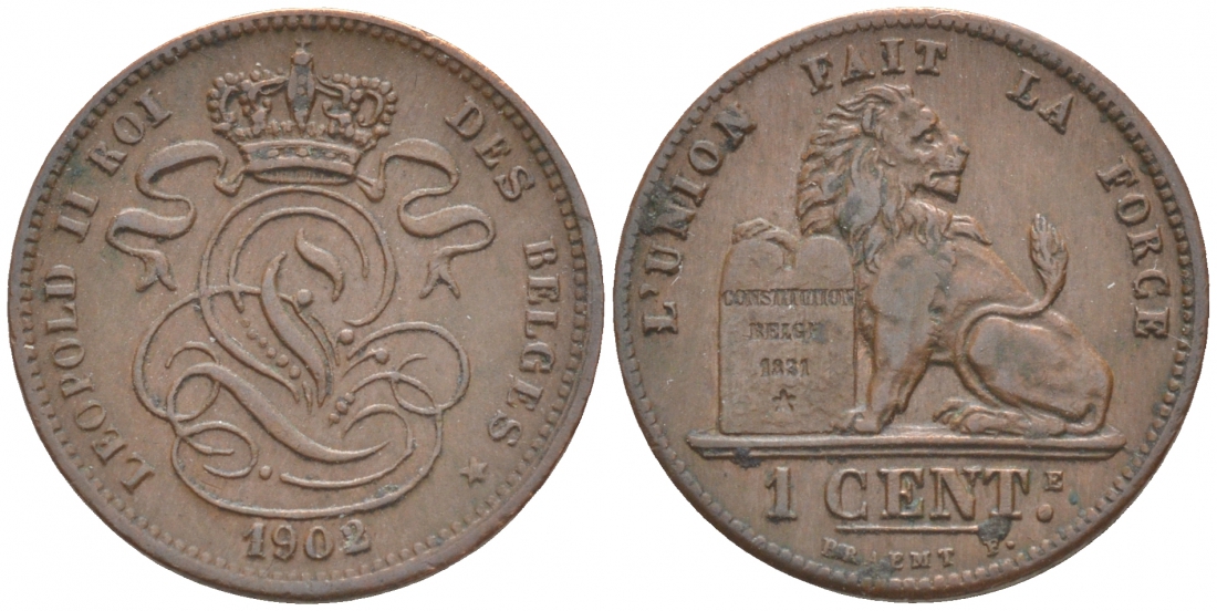 БЕЛЬГИЯ 1 САНТИМ 1902 FR KM 33.1 медь 44-943