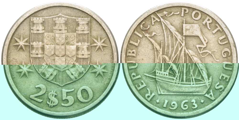 Португалия 2,5 эскудо 1963 парусник KM 590 медно-никель 4513-1132