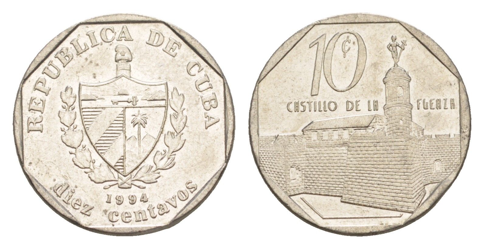 Куба 10 сентаво 1994 форт в Гаване Ла-Фуэрса KM 576.1 сталь плакированная никелем 4644-733