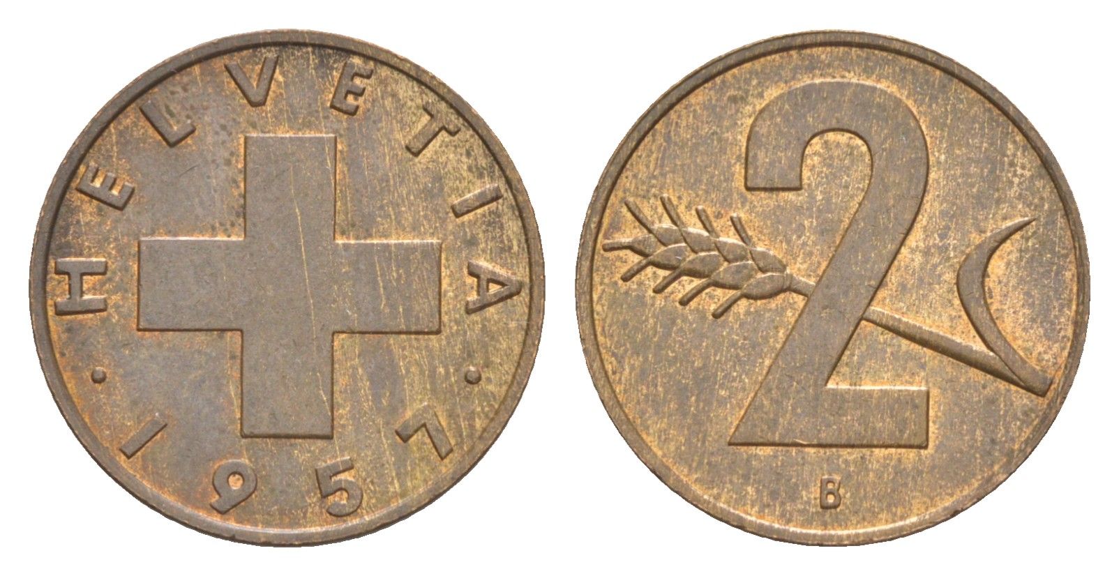 Швейцария 2 раппена 1957 B KM 47 бронза 4630-753