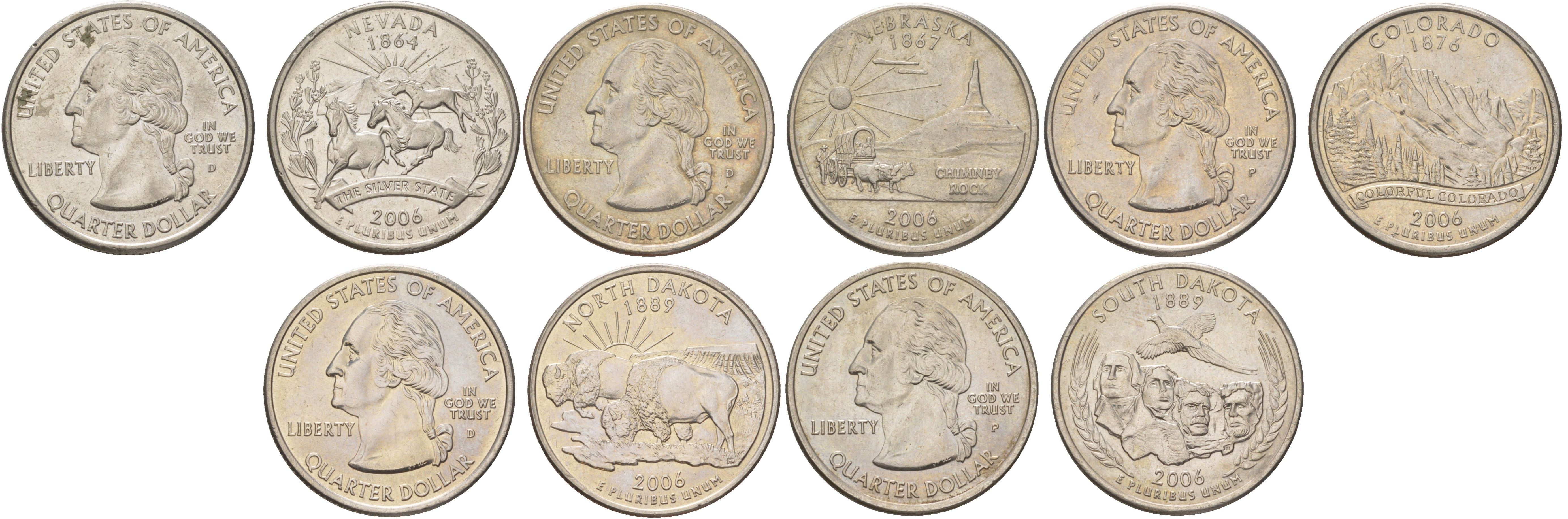 США годовой набор из 5 монет (25 центов, квотер, 1/4 доллара) серии квотеры 50 штатов 2006 Квотер штата Невада, Небраска, Колорадо, Северная Дакота и Южная Дакота KM 382, 383, 384, 385 и 386 медь плакированный медно-никелем UNC 4629-121-125