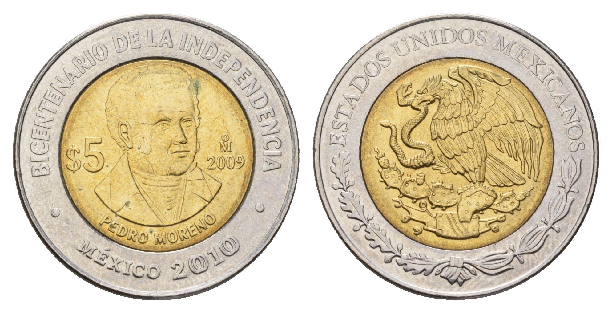 Мексика 5 песо 2009 Двухсотлетие независимости - Педро Морено KM 910 биметалл UNC 216-1236