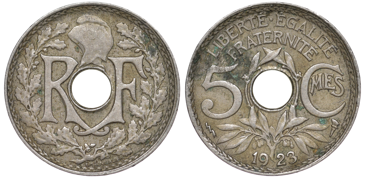 ФРАНЦИЯ 5 САНТИМОВ 1923 tb, ТИП ЛИНДАЙЁ, МОНЕТНЫЙ ДВОР ПУАССИ, МОЛНИЯ KM 875, LE FRANC 122.7 медно-никель 45-455