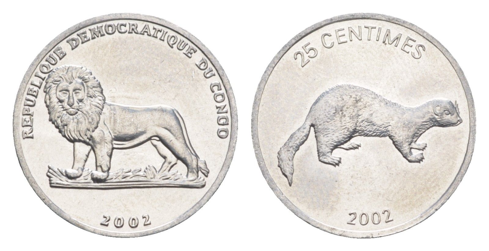 ДР Конго 25 сантимов 2002 Животные - Ласка KM 76 алюминий 4651-615
