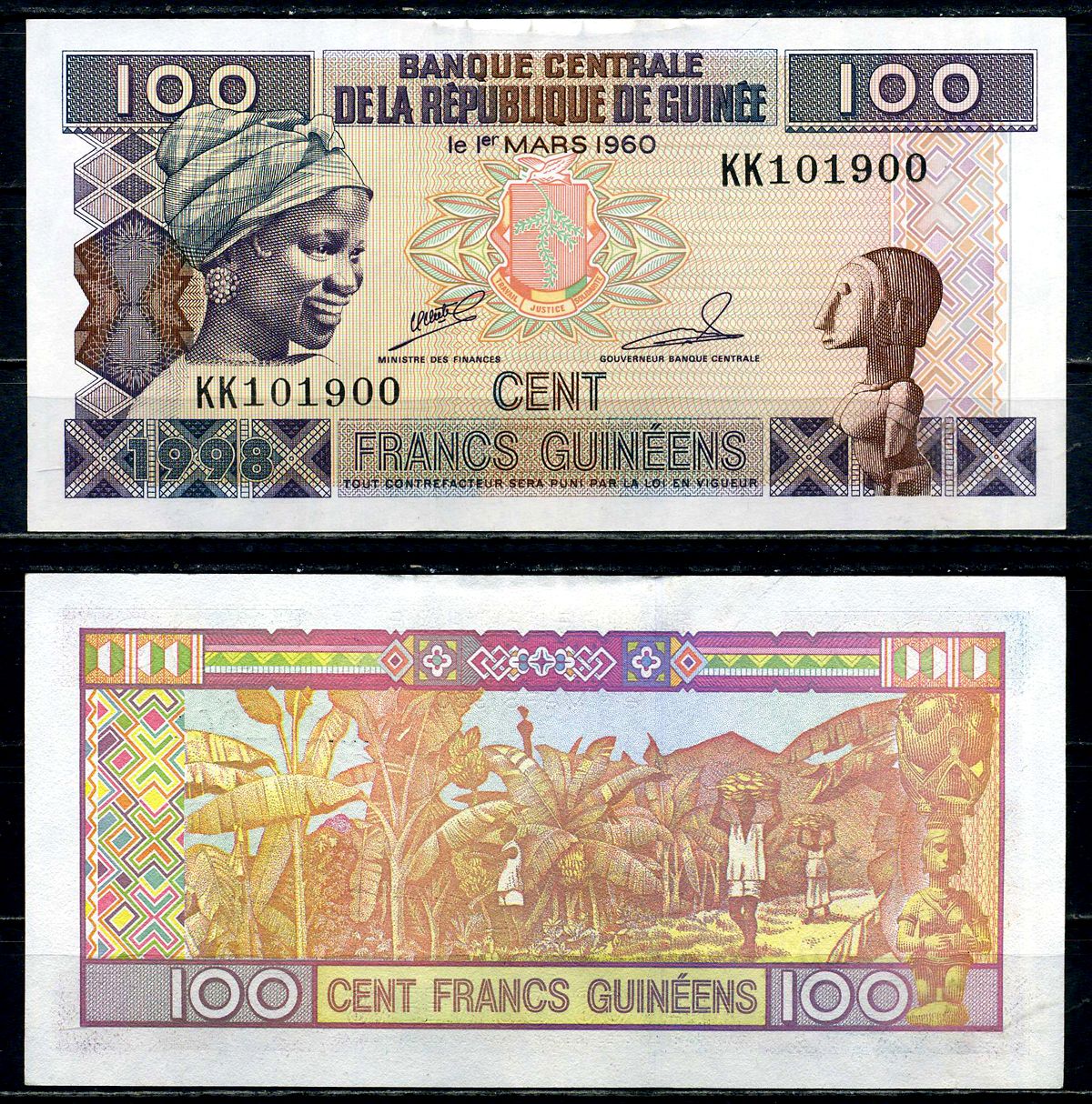 Гвинея 100 франков 1998 Pick 35 a (2) бумага UNC (пресс) 2192-17-3-1