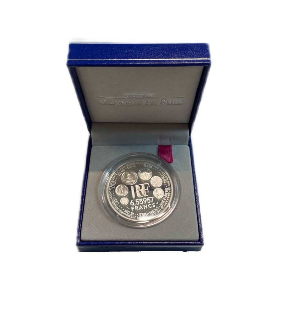 Франция 1 евро = 6,55957 франков 1999 страны Евросоюза, введение евро, курс франка к евро, в оригинальной коробке KM 1255 серебро  PROOF  3-4-11-17
