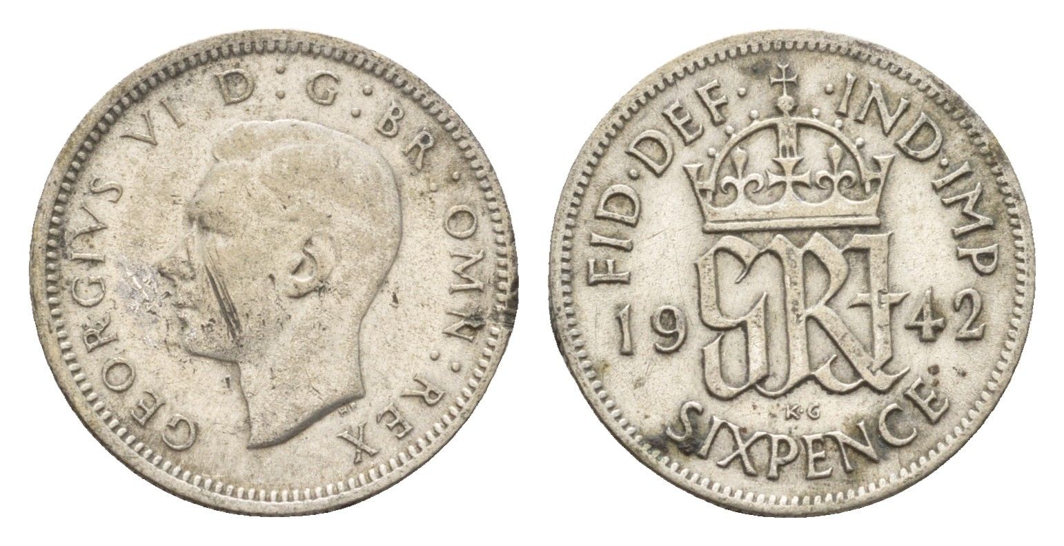Великобритания 6 пенсов 1942 Георг VI (1936-1952) KM 852, Spink 4084 серебро 4644-1235