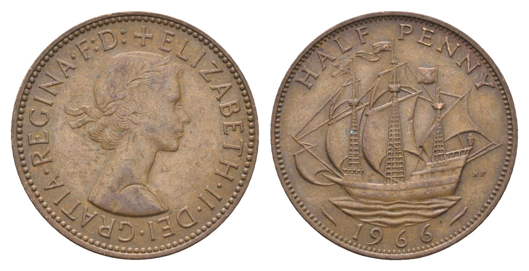 Великобритания 1/2 пенни 1966 Елизавета II (1952-2022) KM 896, Spink 4158 бронза 4663-116