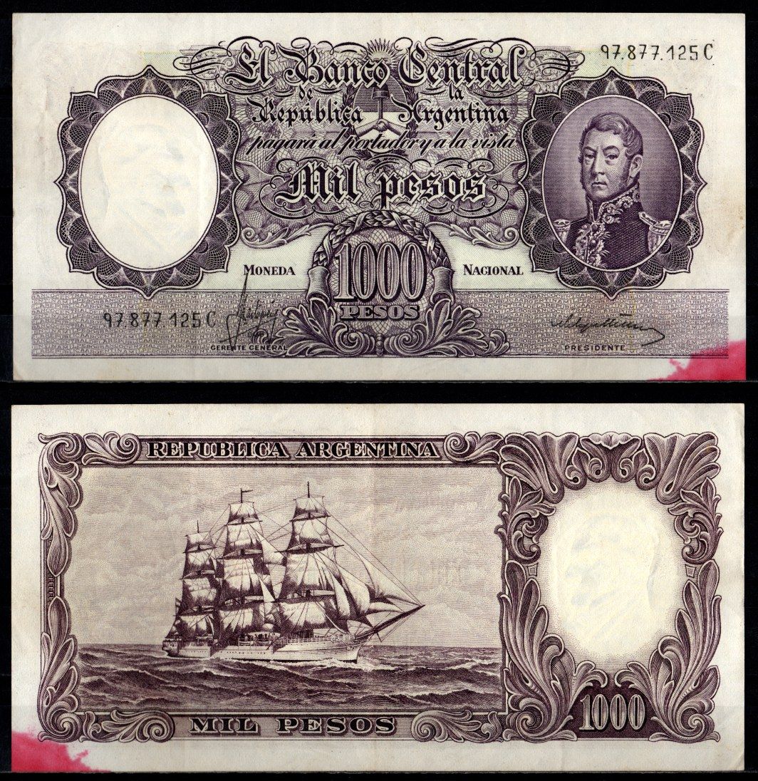 Аргентина 1000 песо ND (1966-1969) Pick 279 (2) бумага 7548-84-1-1
