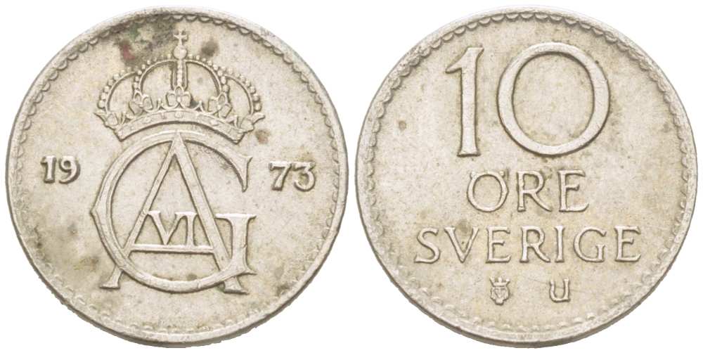 Швеция 10 эре 1973 U, Густав VI Адольф (1950-1973) KM 835 медно-никель 218-1059
