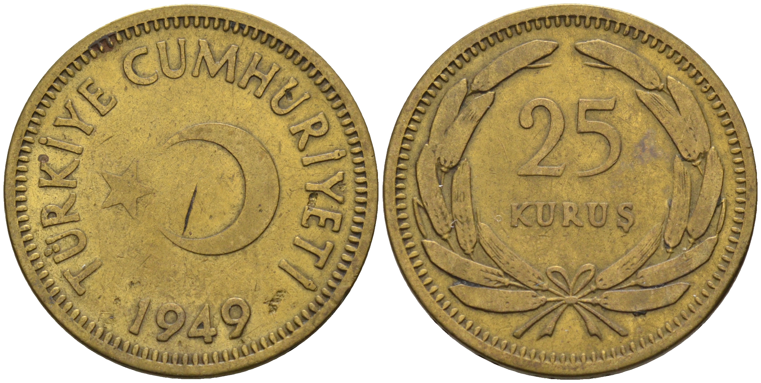 ТУРЦИЯ 25 КУРУШЕЙ 1949 KM 886 латунь 4592-253