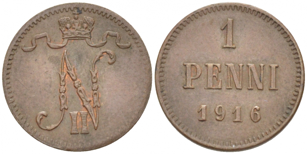 РОССИЯ ДЛЯ ФИНЛЯНДИИ 1 ПЕННИ 1916 НИКОЛАЙ II (1895-1917) KM 13, Биткин 476 медь 211-1031