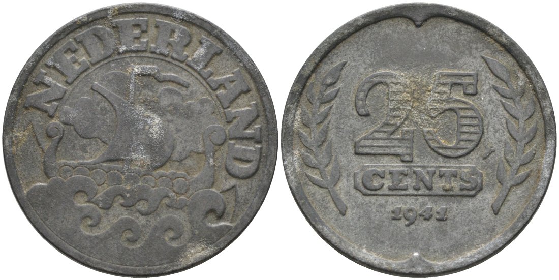 Нидерланды 25 центов 1941 Вильгельмина (1890-1948) KM 174 цинк 4572-913