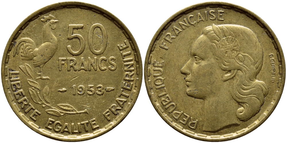 ФРАНЦИЯ 50 ФРАНКОВ 1953 KM 918.1 алюминиевая бронза 4398-654