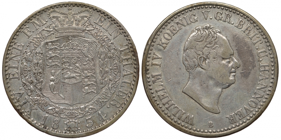 Ганновер 1 талер 1834 B, Вильгельм IV (1830-1837) КМ 164, Welter 3043, Thun 152, AKS 62, Kahnt 219, Jaeger 49, Davenport 662 серебро 00-00-00