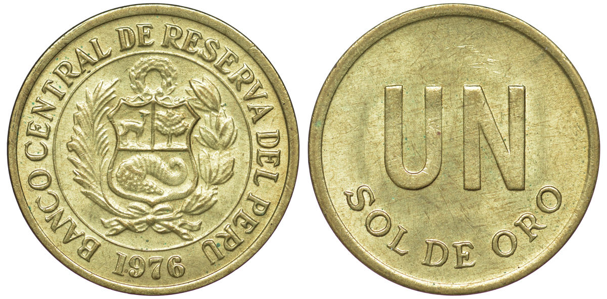 Перу 1 соль 1976 KM 266.1 латунь 4605-524
