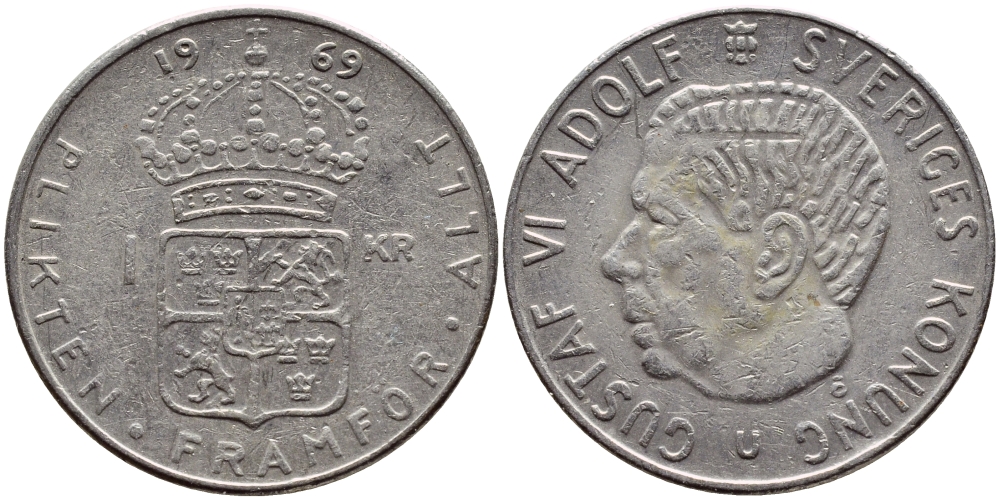 Швеция 1 крона 1969 Густав VI Адольф (1950-1973) KM 826a медь плакированная медно-никелем 4388-742