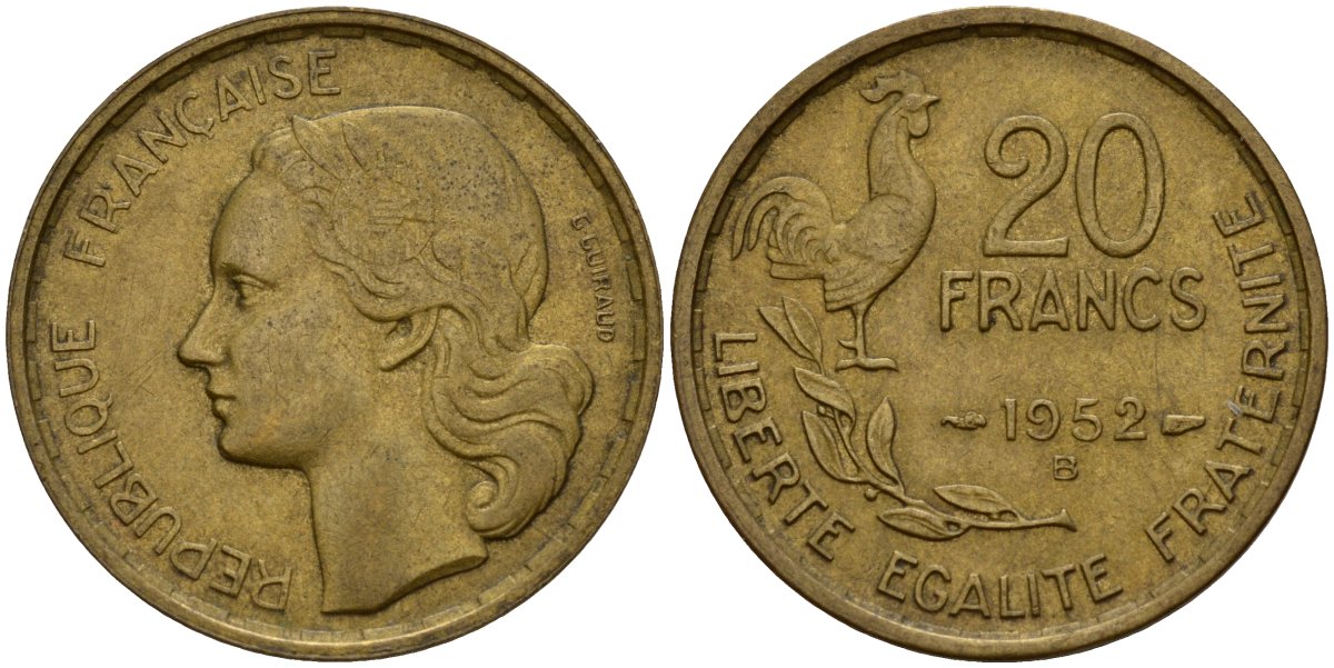 Франция 20 франков 1952 B, Петух KM 917.1 алюминиевая бронза 4159-944