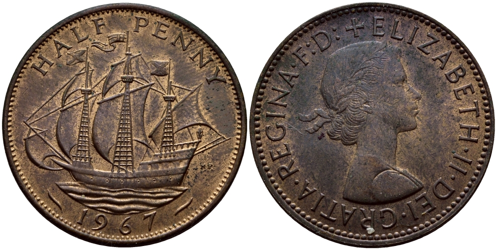 Великобритания 1/2 пенни 1967 Елизавета II (1952-2022) KM 896, Spink 4158 бронза 63-723