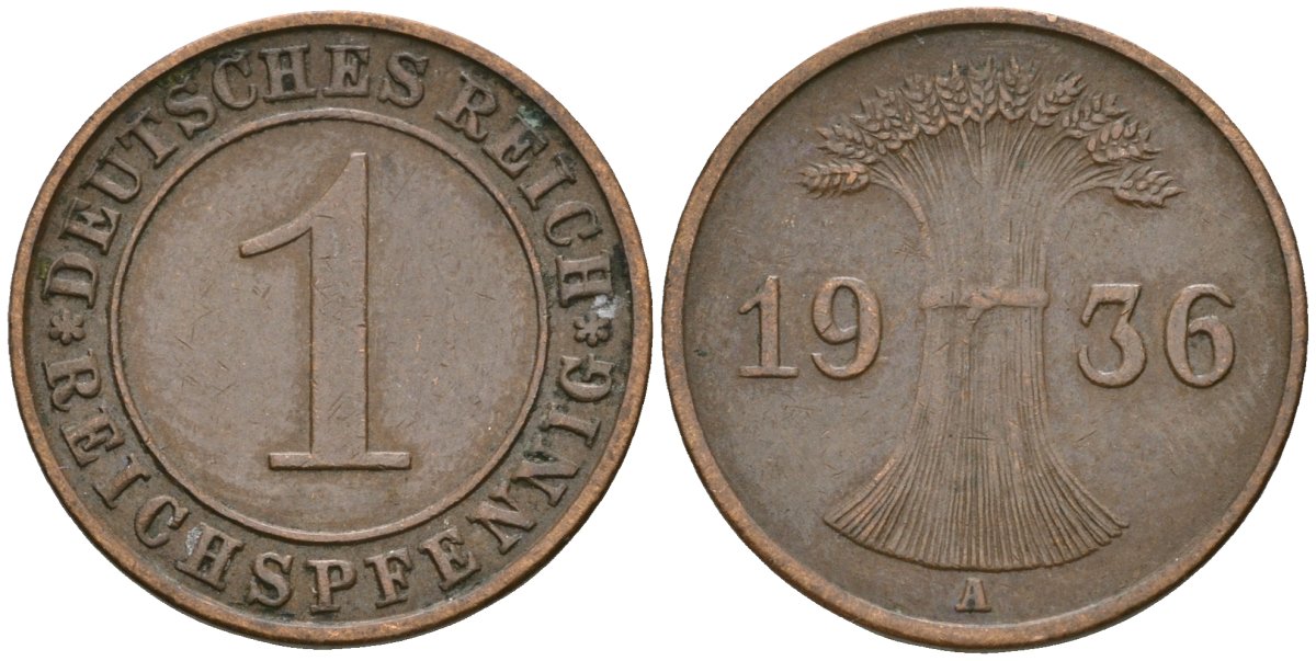 Германия 1 рейхспфенниг 1936 A KM 37, J. 313 бронза 4549-319