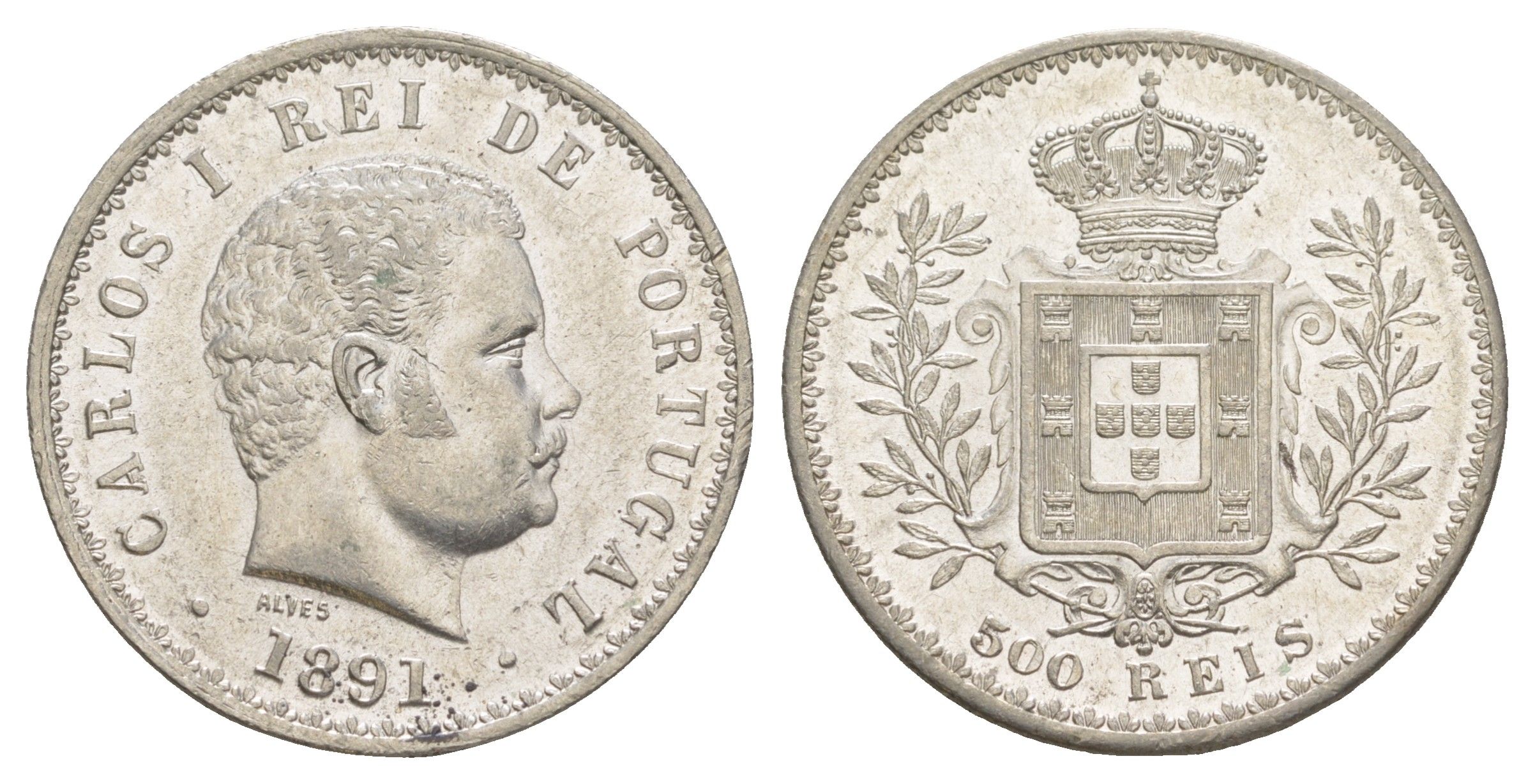 Португалия 500 реалов 1891 Карлуш I (1889-1908) KM 535 серебро 4127-932