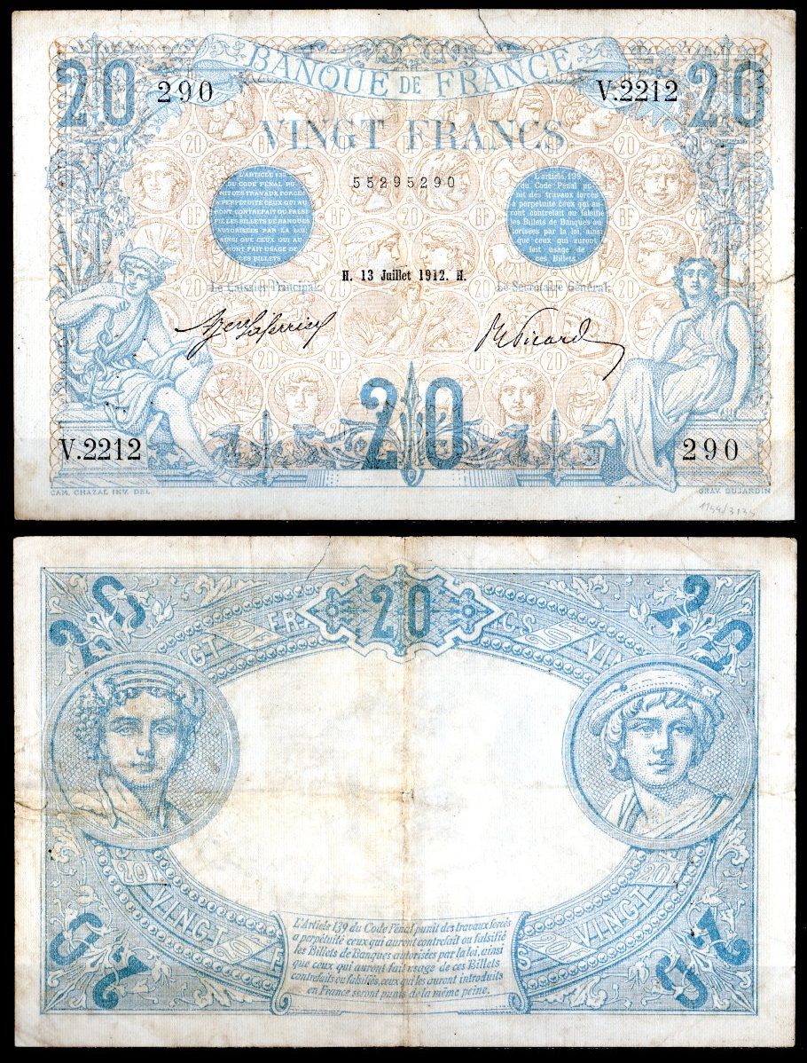 Франция 20 франков 1912 Pick 68 b бумага 451-1140-1