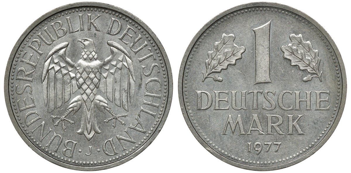 ФРГ 1 МАРКА 1977 J J 385, KM 110 медно-никель aUNC 72-857