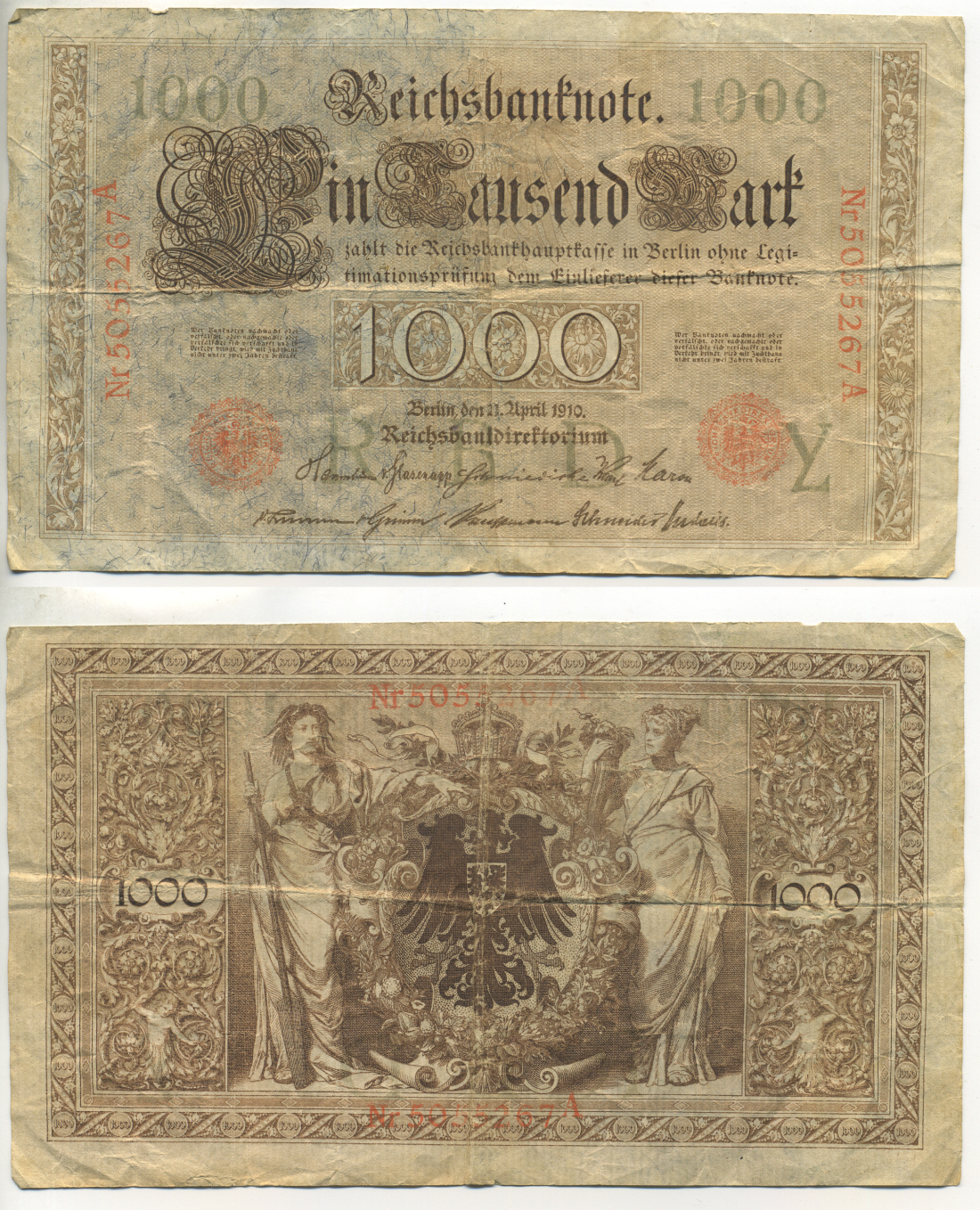 ГЕРМАНИЯ 1000 МАРОК 1910 КРАСНАЯ ПЕЧАТЬ, 7 ЦИФР В НОМЕРЕ Pick 44b бумага 6299-34-2