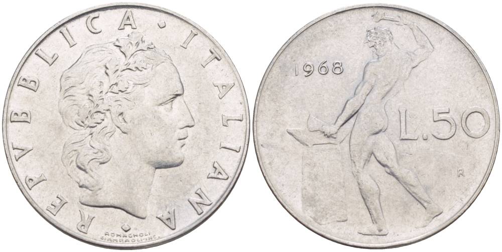 ИТАЛИЯ 50 ЛИР 1968 R, БОГ ОГНЯ ВУЛКАН У НАКОВАЛЬНИ KM 95.1 нержавеющая сталь 4551-351