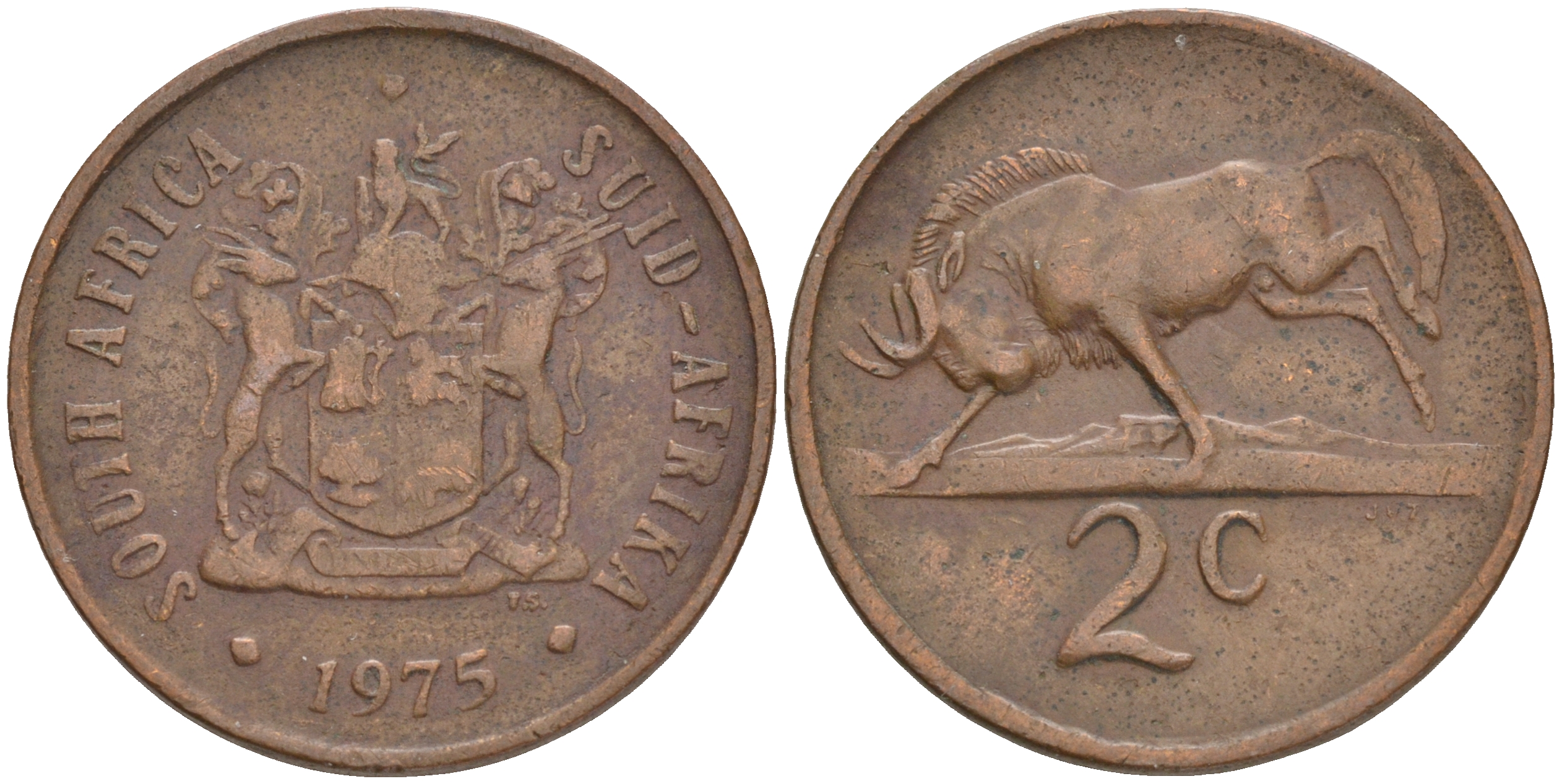 ЮАР 2 цента 1975 герб, антилопа гну KM 83 бронза 4561-717