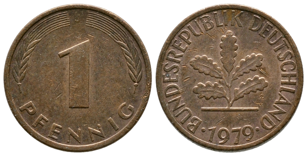 ФРГ 1 ПФЕННИГ 1979 J KM 105, J.380 сталь плакированная медью 179-1018