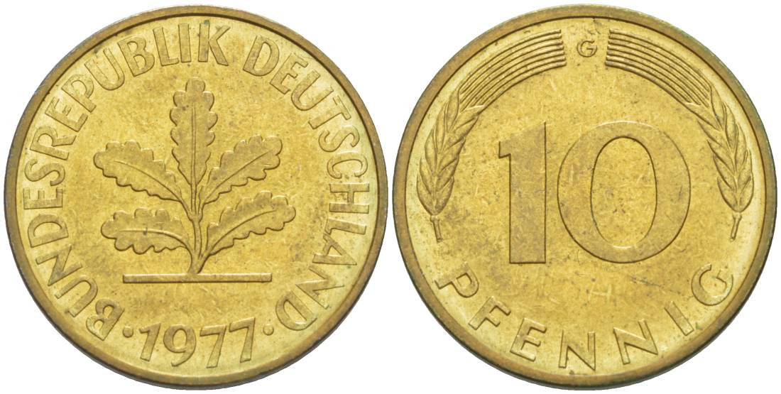 ФРГ 10 ПФЕННИГОВ 1977 G KM 108, J. 383 сталь плакированная латунью 219-517