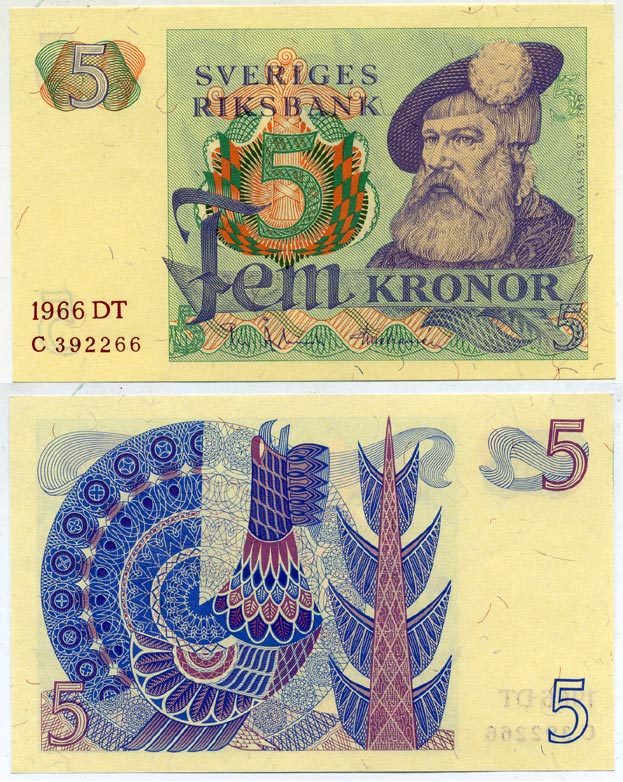 Швеция 5 крон 1966 DT, Густав I Ваза Pick 51a бумага aUNC 2192-4-2