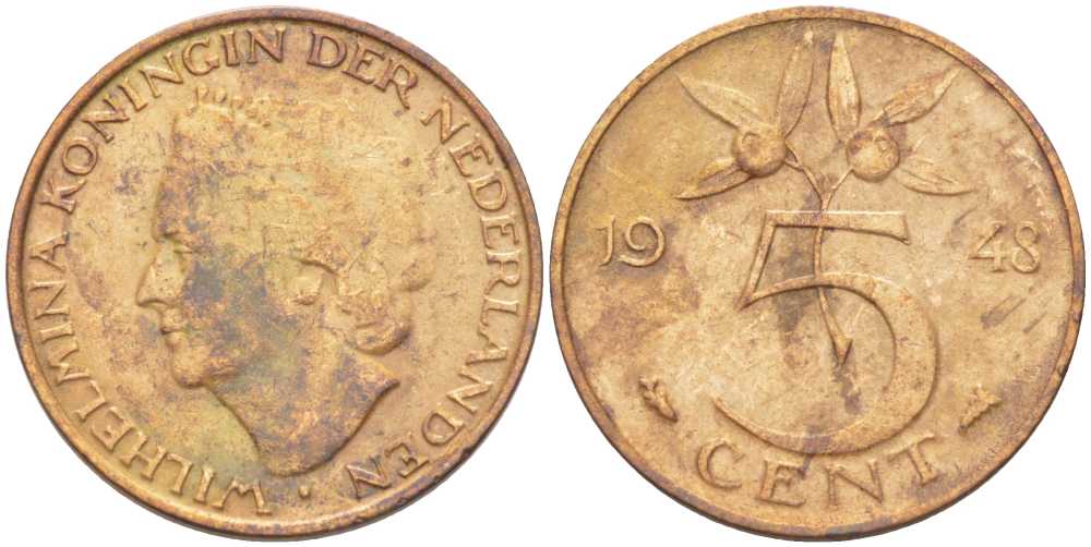 НИДЕРЛАНДЫ 5 ЦЕНТОВ 1948 ВИЛЬГЕЛЬМИНА (1890-1948) KM 176 бронза 212-1022