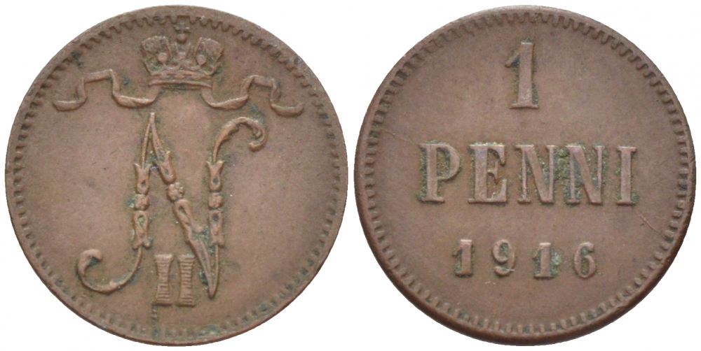 РОССИЯ ДЛЯ ФИНЛЯНДИИ 1 ПЕННИ 1916 НИКОЛАЙ II (1895-1917) KM 13, Биткин 476 медь 211-1059