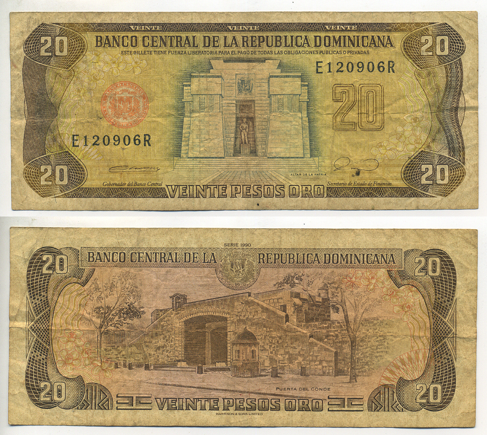 Доминиканская Республика 20 песо 1990 алтарь родины Pick 133 бумага 7207-6-2