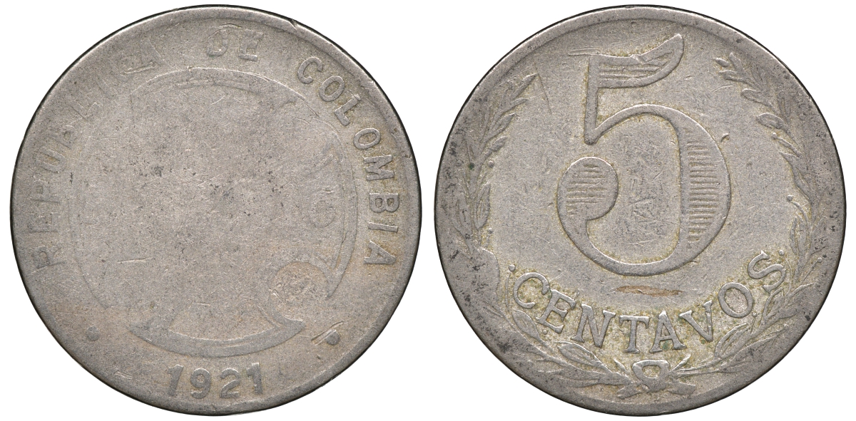 Колумбия 5 сентаво 1921 государственный лепрозорий KM L11 медно-никель 53-1033