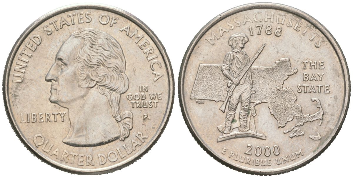 США 25 центов = квотер = 1/4 доллара 2000 P, квотер штата Массачусетс KM 305 медь плакированная медно-никелем UNC 183-214