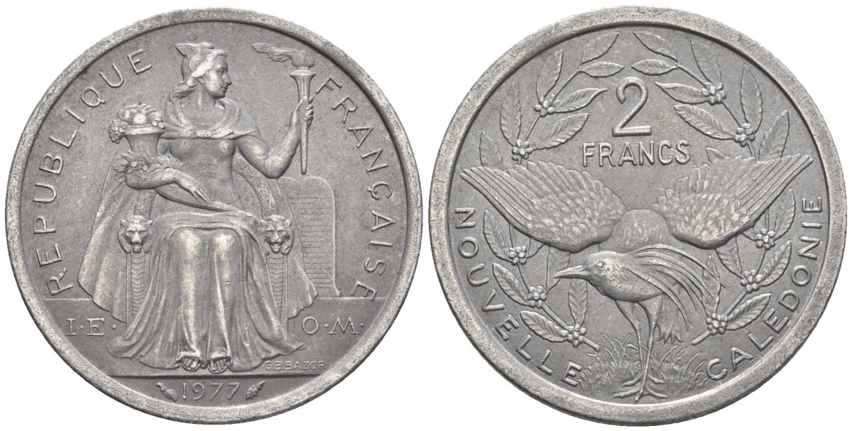 Французская Новая Каледония 2 франка 1977 птица кагу, (IEOM) KM 14, Schoen 11, Lec 58 алюминий    08-811