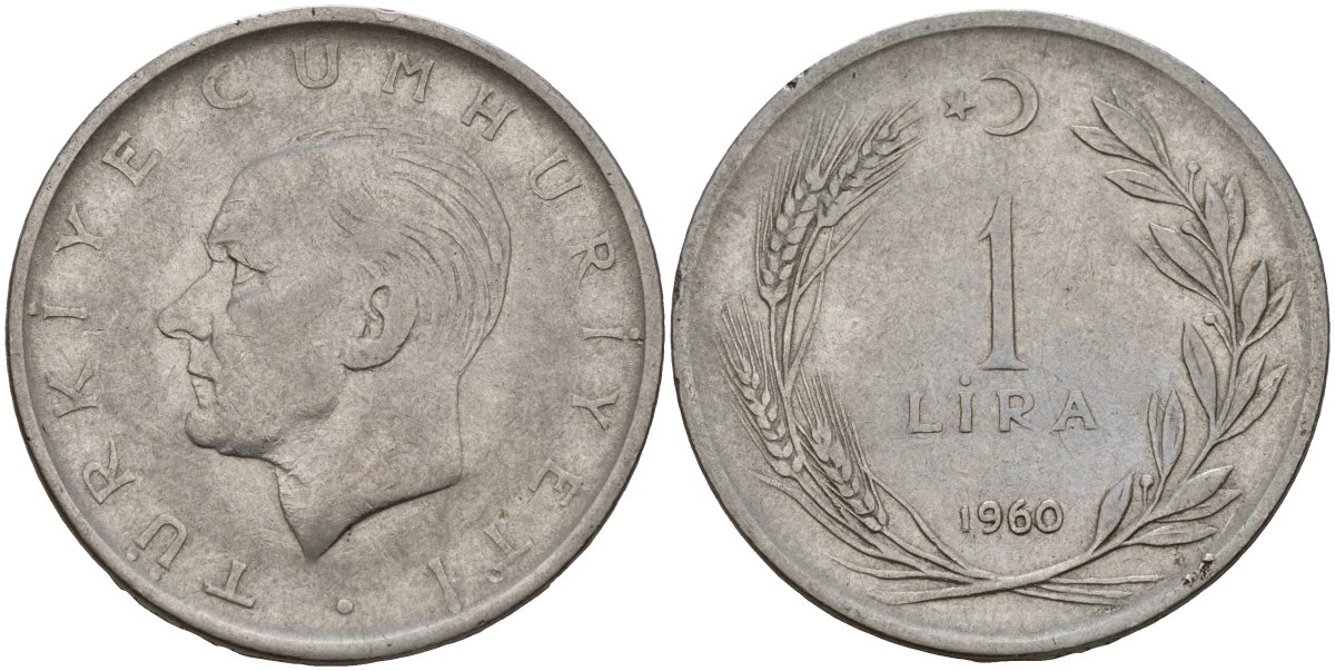 Турция 1 лира 1960 Мустафа Кемаль Ататюрк KM 889a.1 нержавеющая сталь 4149-1236