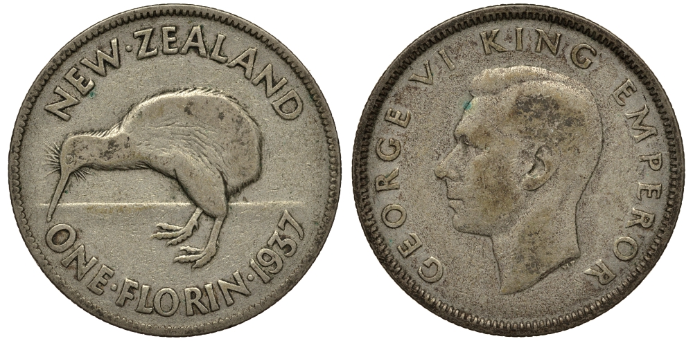Новая Зеландия 1 флорин 1937 Георг VI (1936-1952), птичка киви, первый год KM 10.1 серебро 272-1433